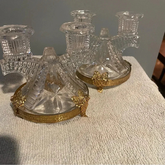 Vintage Glass candlestick holder (set of 2) gold gilded hummingbird - Picture 2 of 4